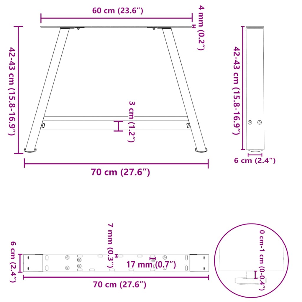 sofabordsben A-formet 2 stk. sort 70 x (42-43) cm stål