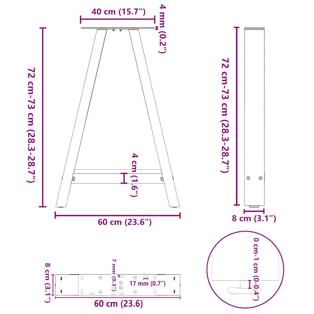 spisebordsben A-formet 2 stk. 60 x (72-73) cm stål