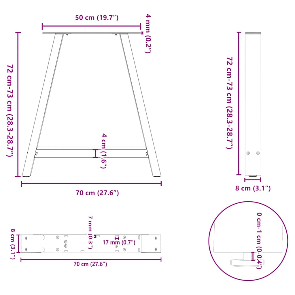 spisebordsben A-formet 2 stk. sort 70 x (72-73) cm stål