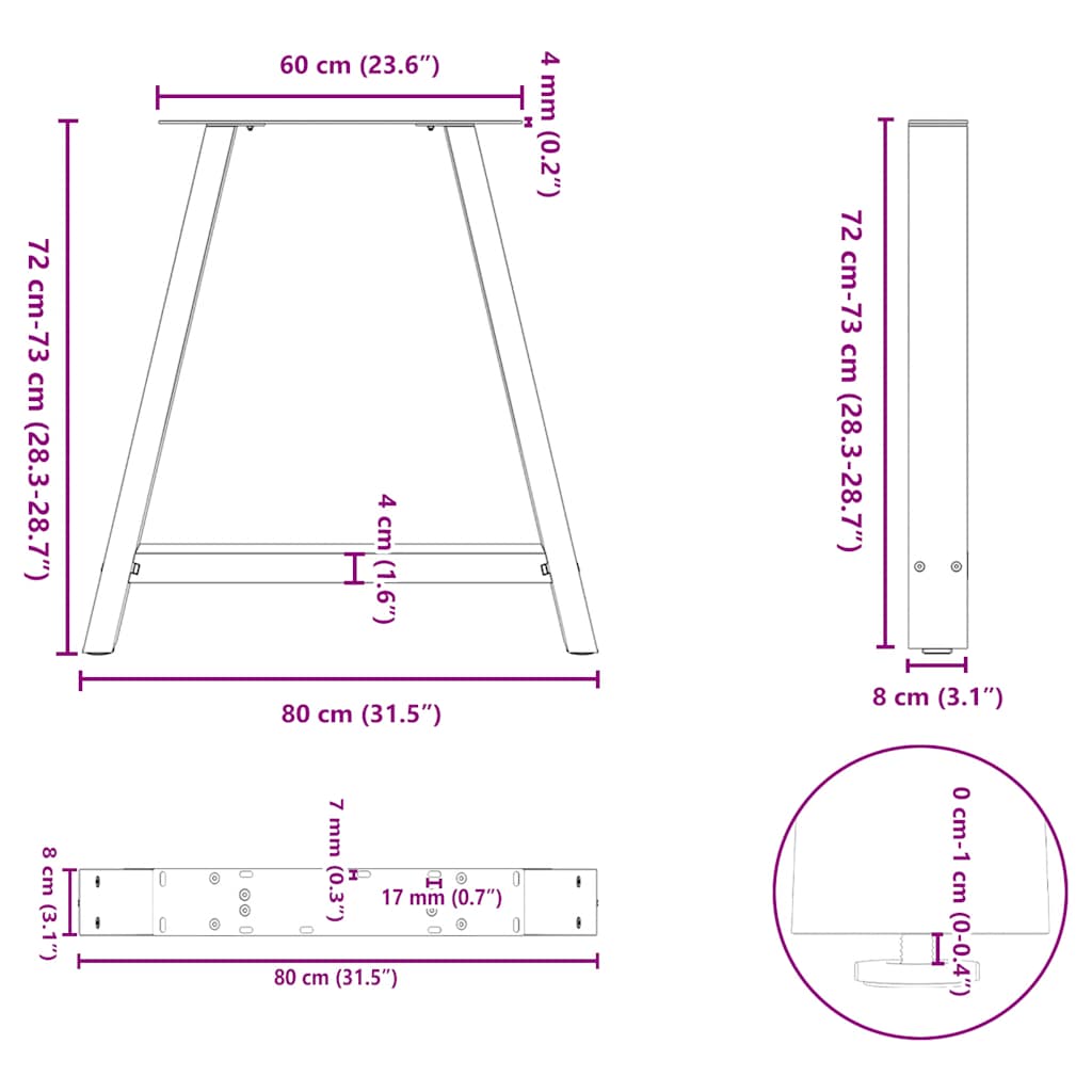 spisebordsben A-formet 2 stk. antracit 80x(72-73) cm stål