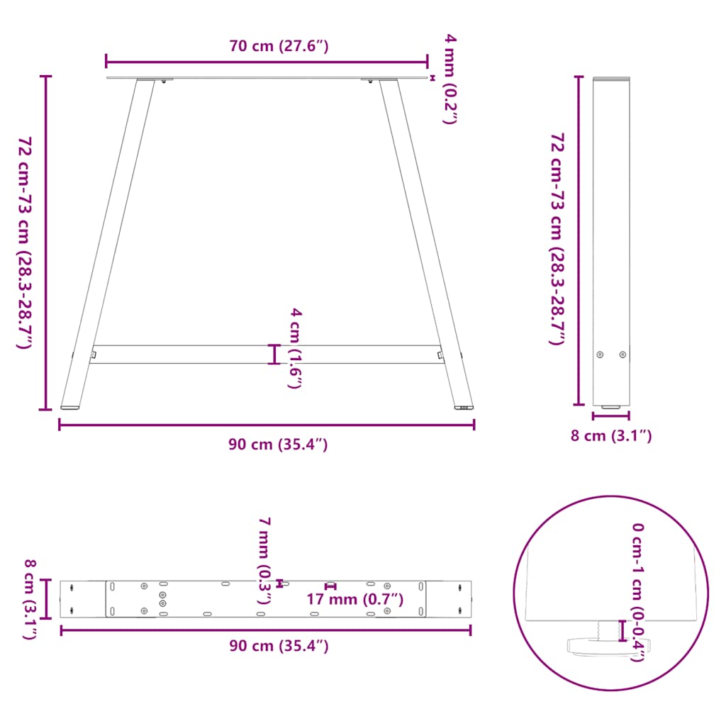 spisebordsben A-formet 2 stk. sort 90 x (72-73) cm stål