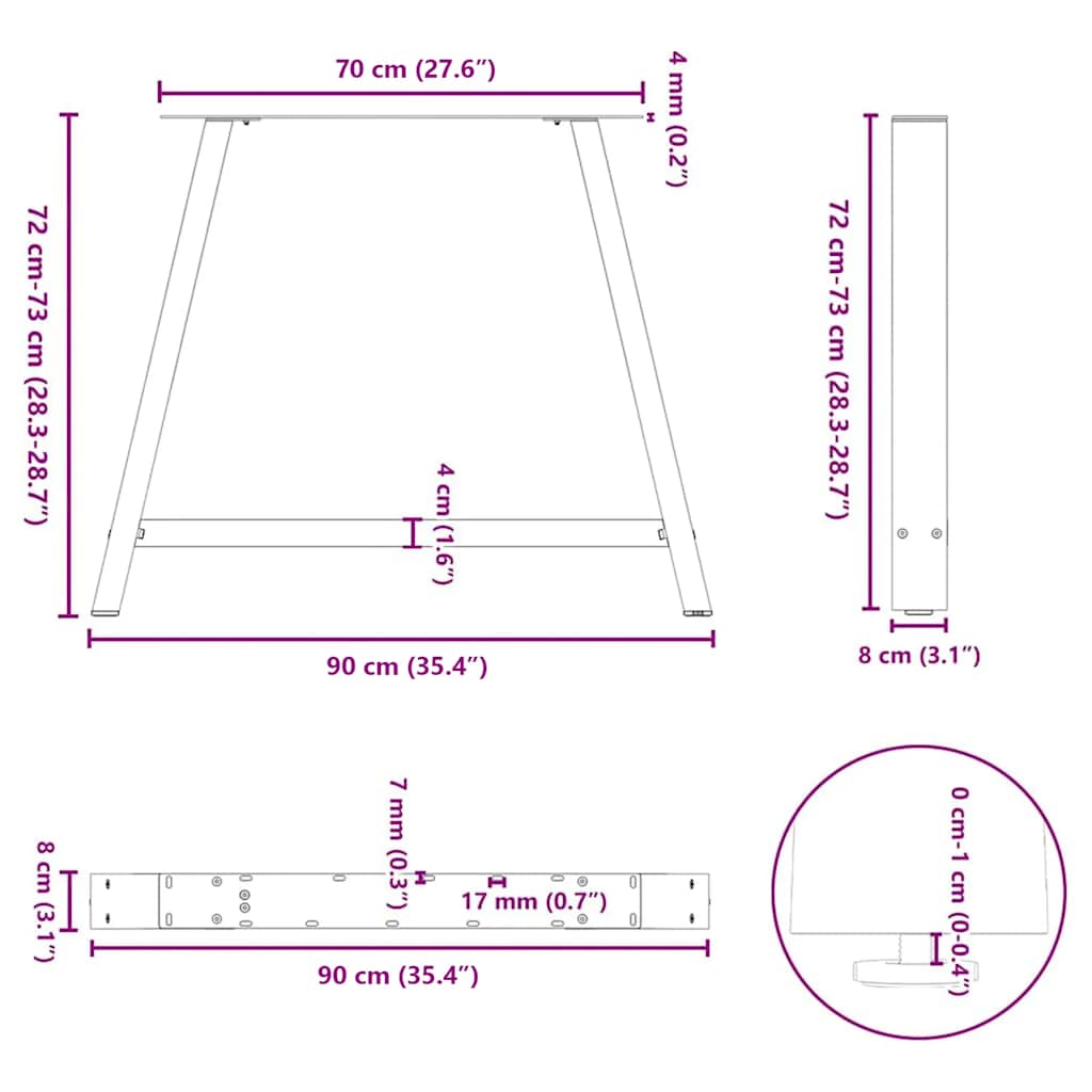 spisebordsben A-formet 2 stk. 90 x (72-73) cm stål