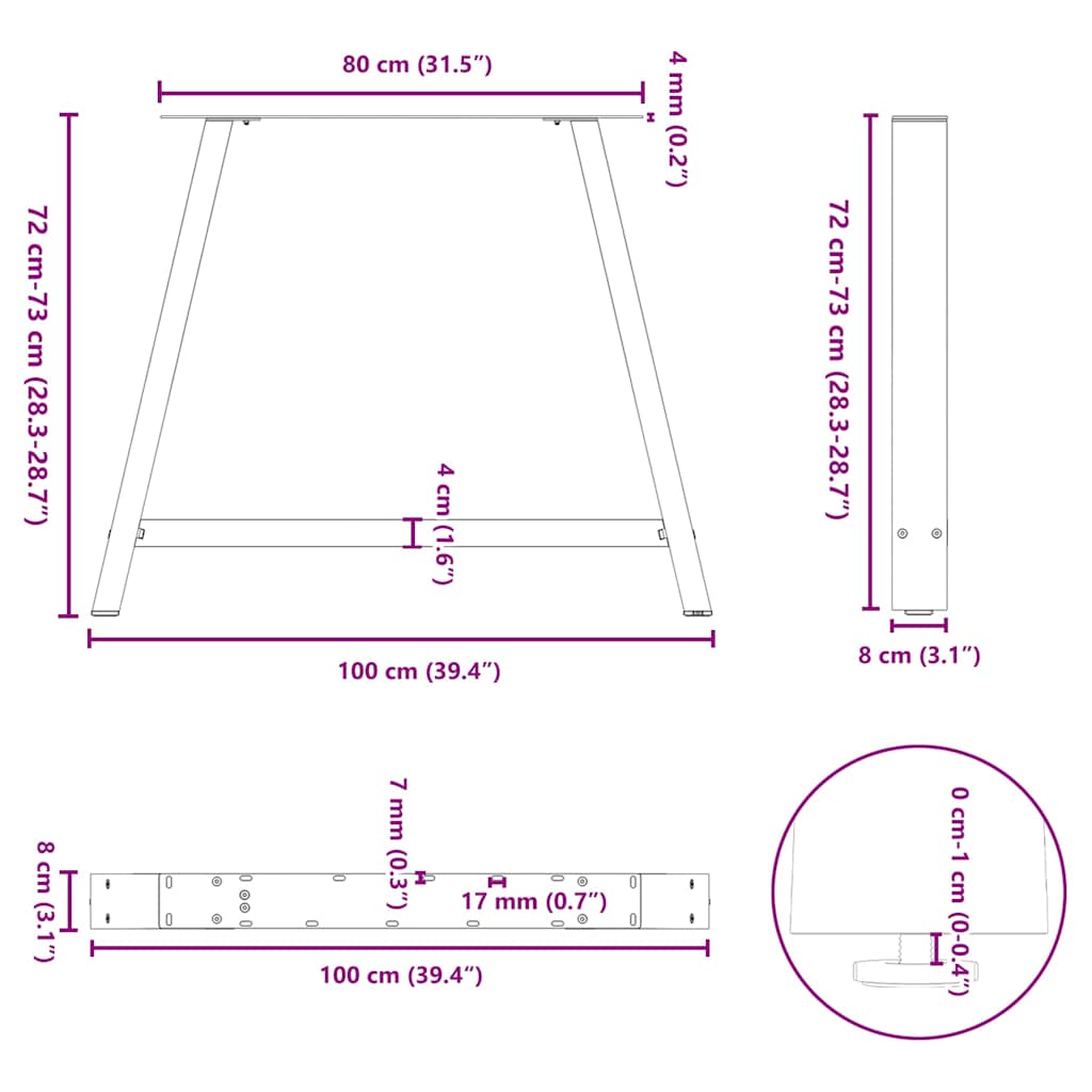 spisebordsben A-formet 2 stk. hvid 100x(72-73) cm stål