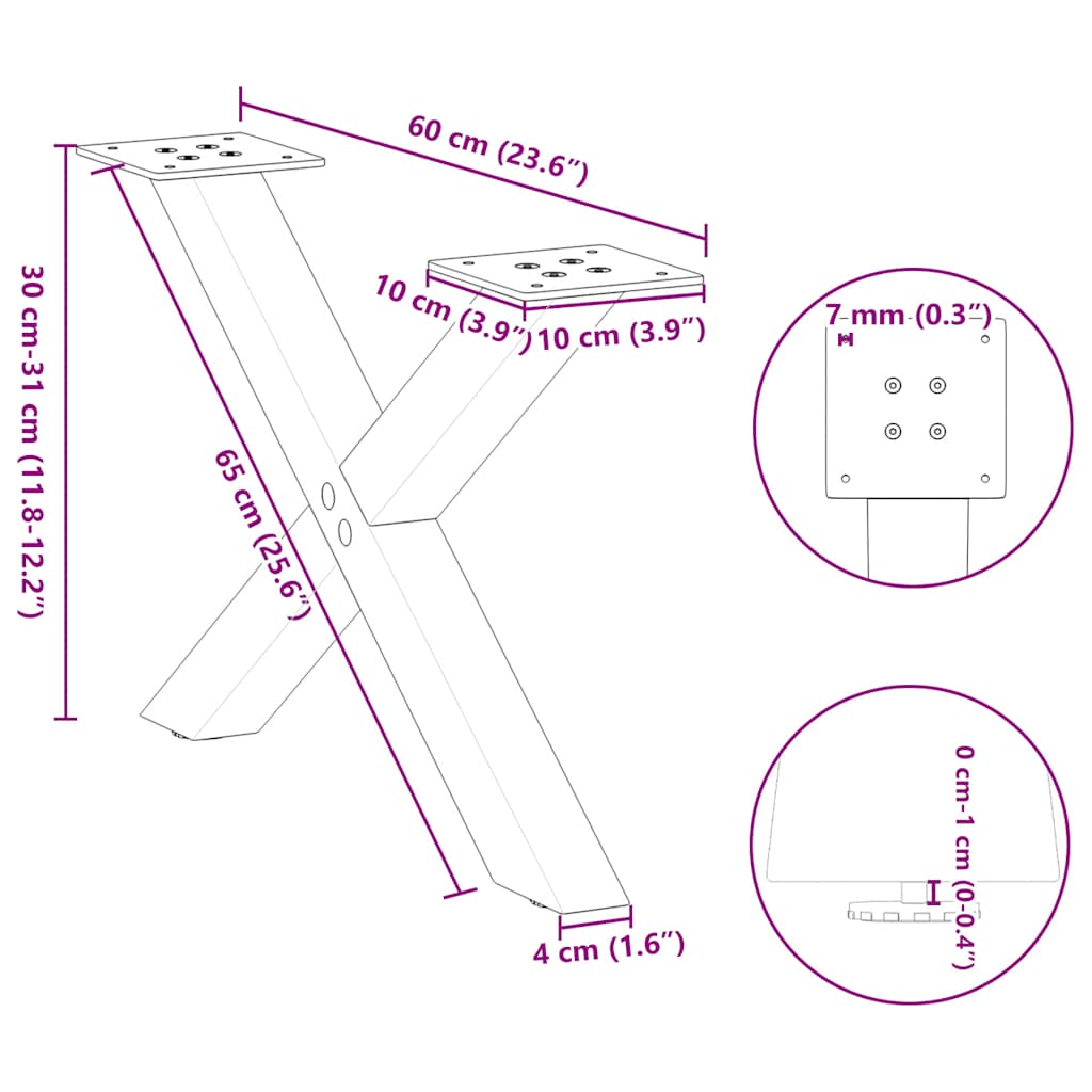 sofabordsben X-formet 2 stk. sort 60 x (30-31) cm stål