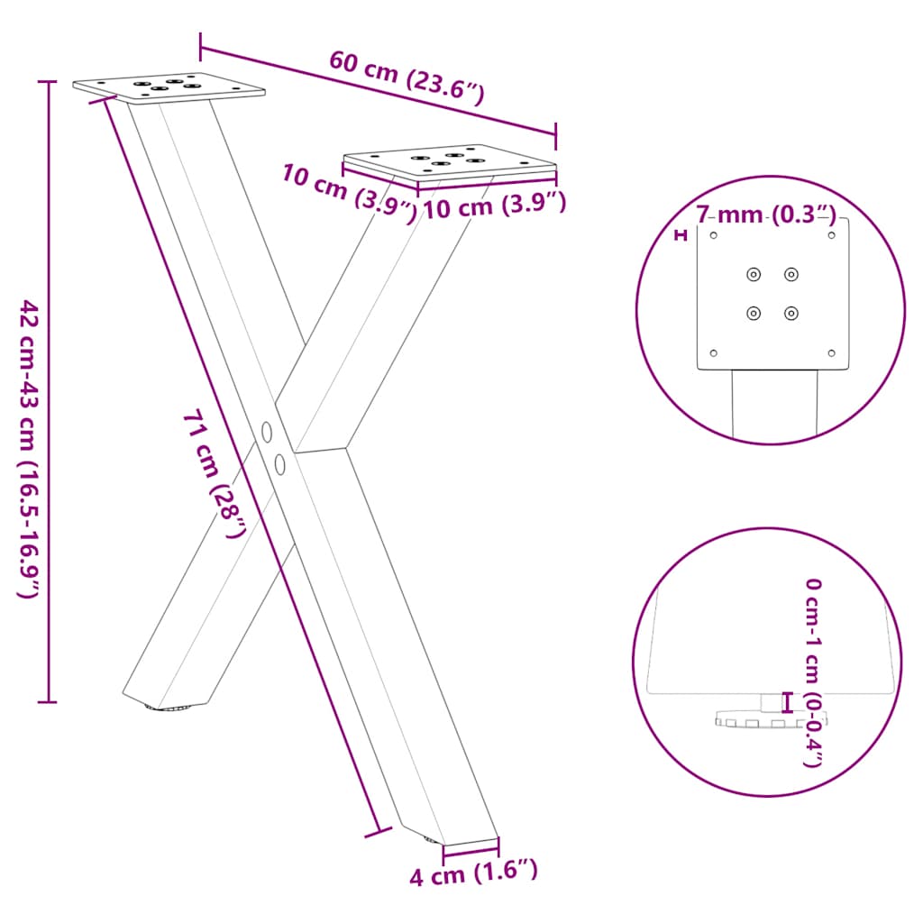 sofabordsben X-formet 2 stk. antracit 60 x (42-43) cm stål