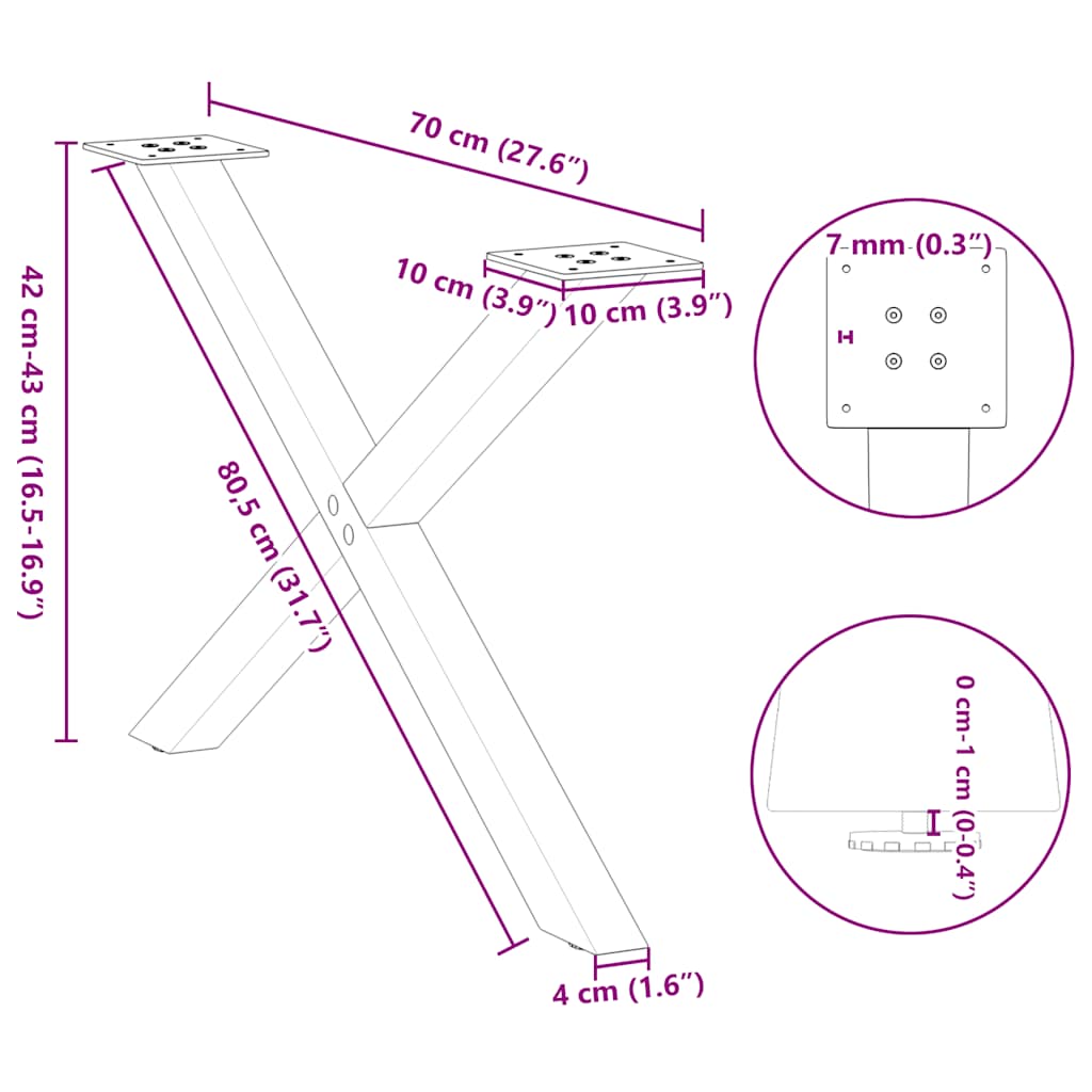 sofabordsben X-formet 2 stk. sort 70 x (42-43) cm stål