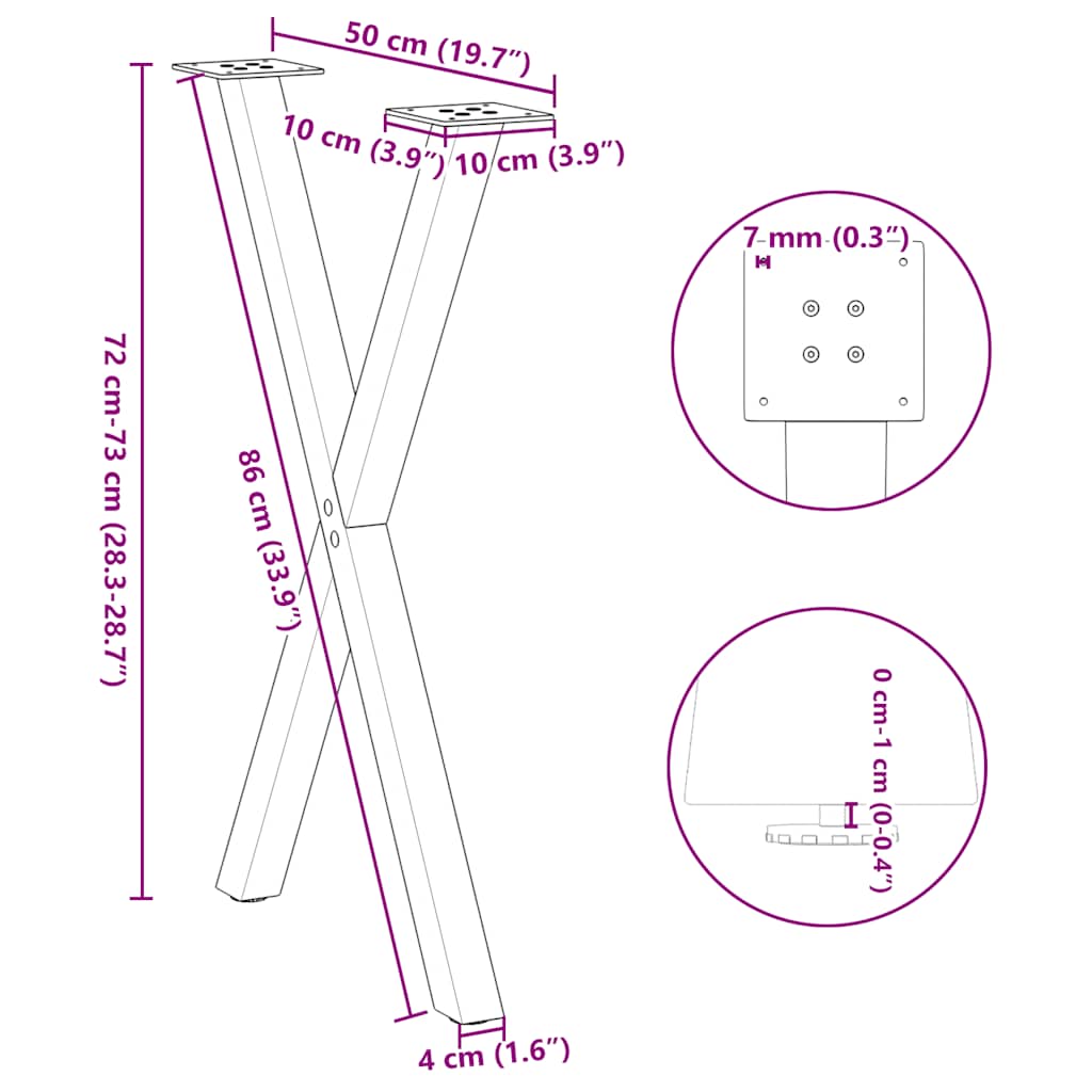 spisebordsben X-formet 2 stk. naturstål 50x(72-73) cm stål