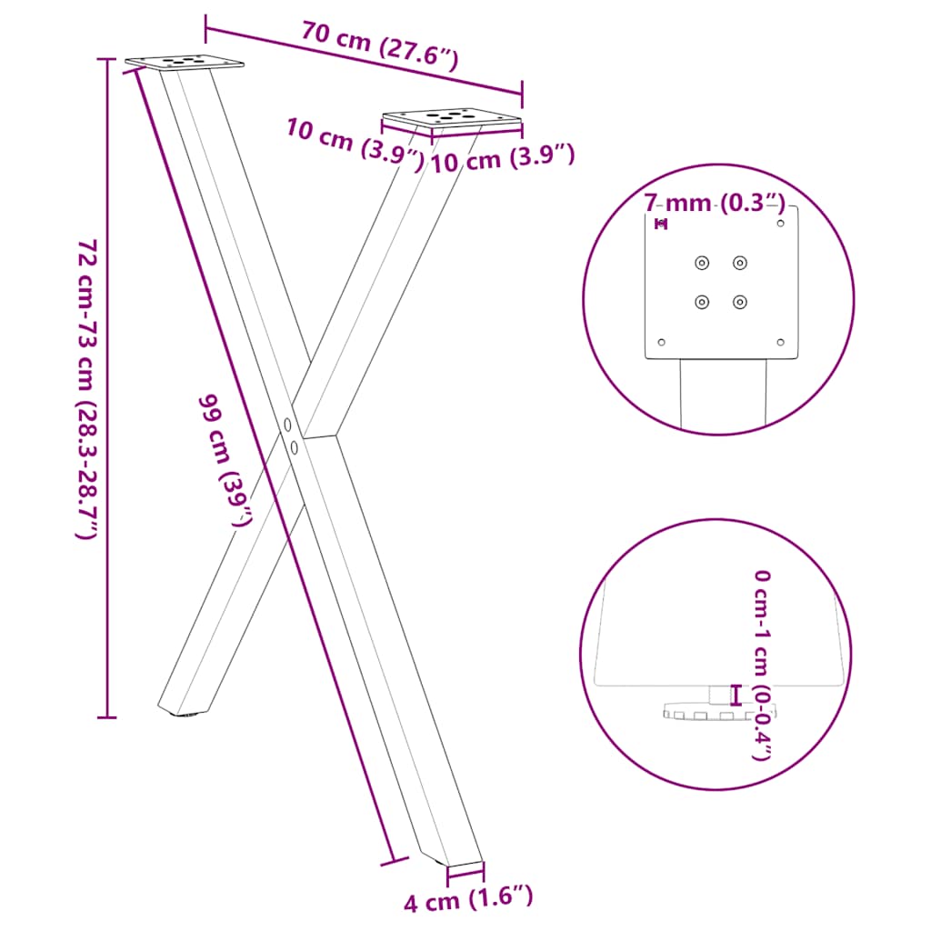 spisebordsben X-formet 2 stk. antracit 70 x (72-73) cm stål
