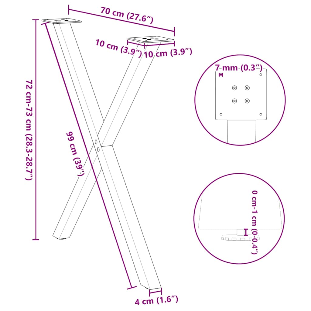 spisebordsben X-formet 2 stk. naturstål 70 x (72-73) cm stål