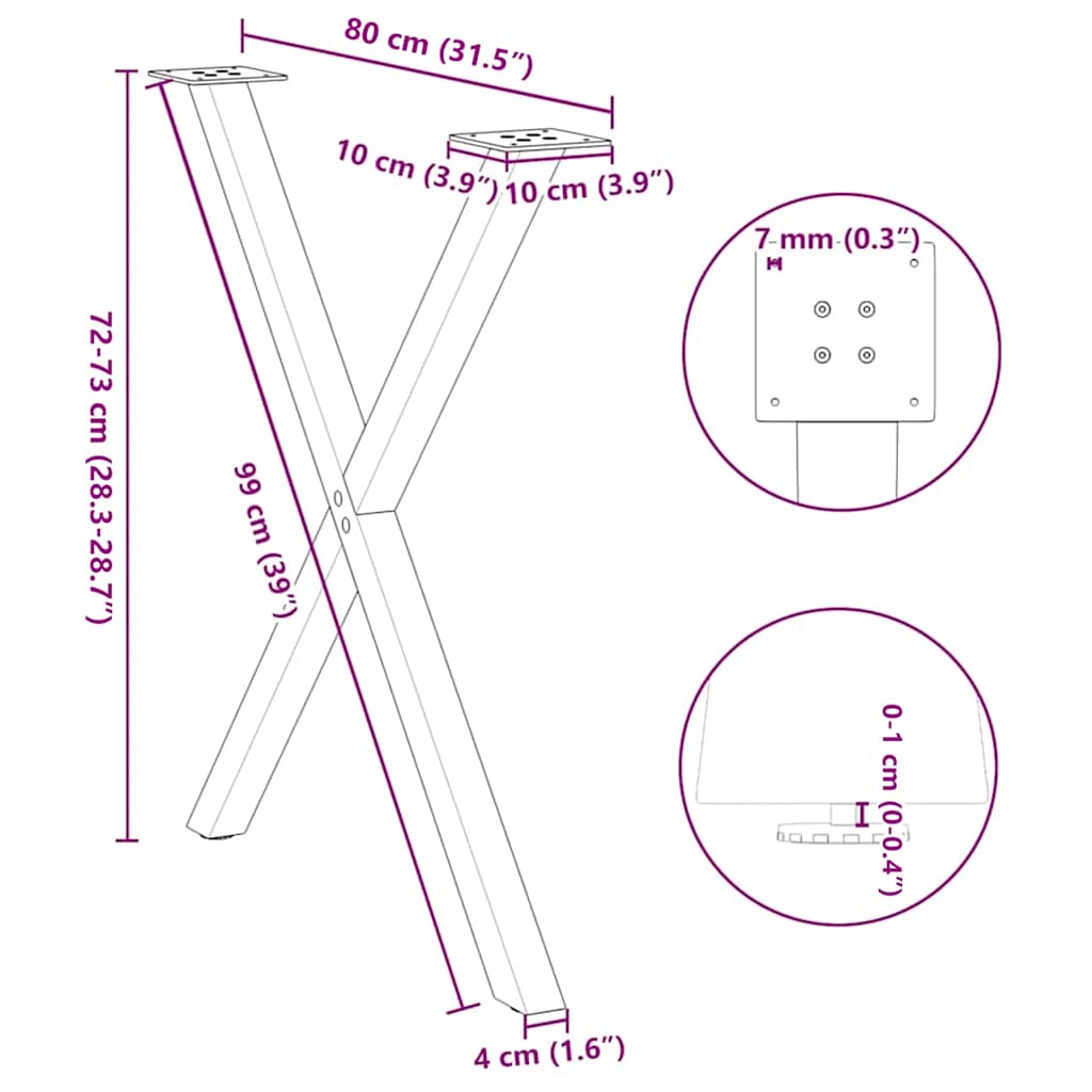 spisebordsben X-formet 2 stk. sort 80x(72-73) cm stål