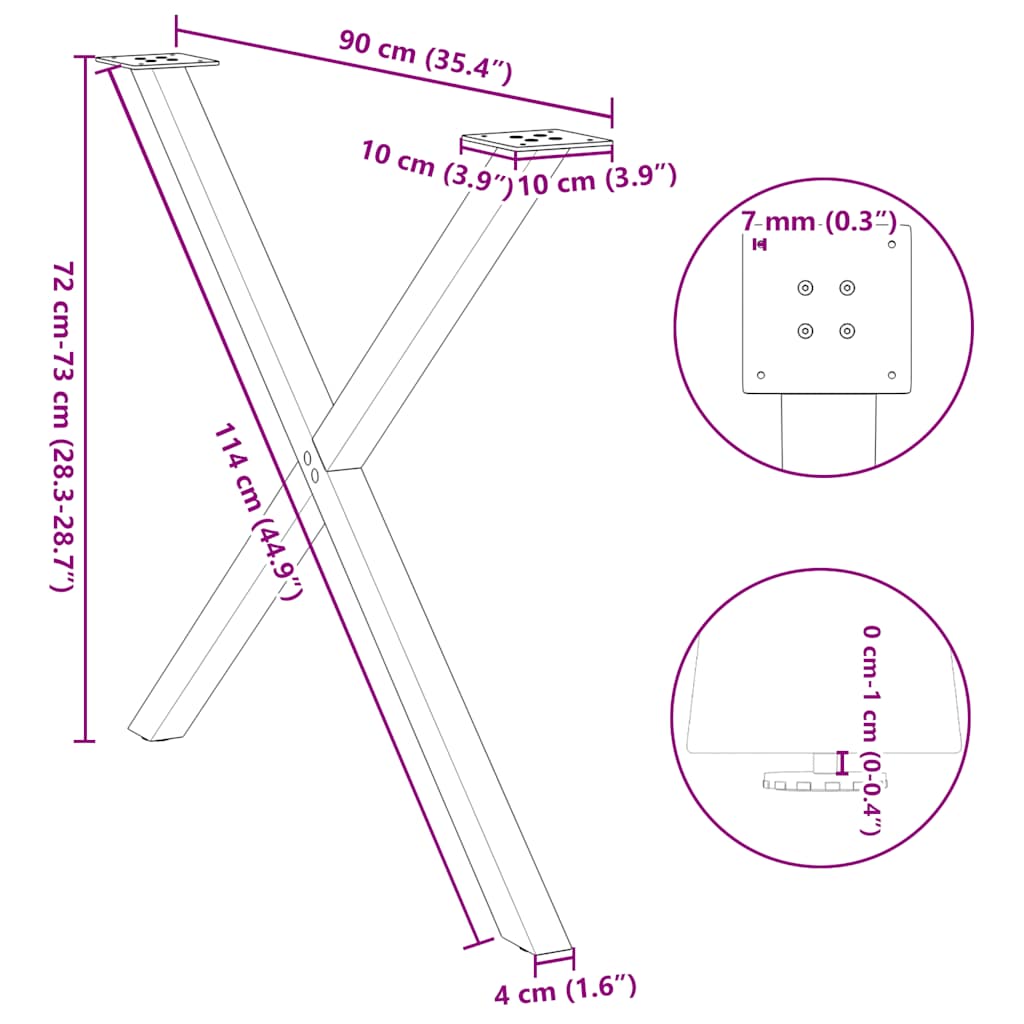 spisebordsben X-formet 2 stk. sort 90 x (72-73) cm stål