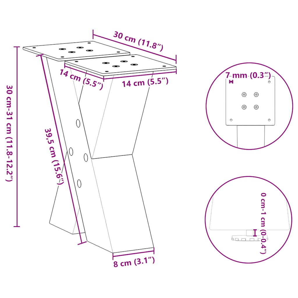 sofabordsben X-formet 2 stk. sort 30x(30-31) cm stål