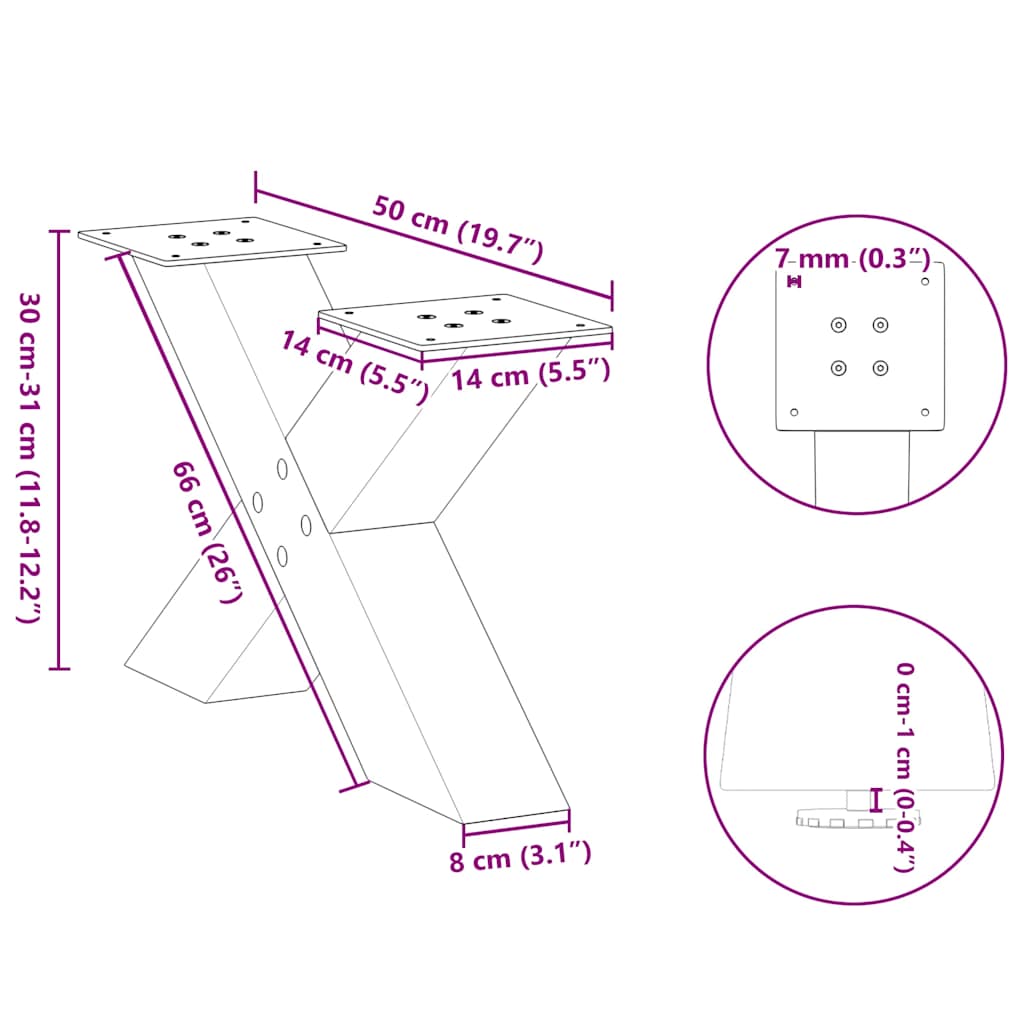 sofabordsben X-formet 2 stk. antracit 50x(30-31) cm stål