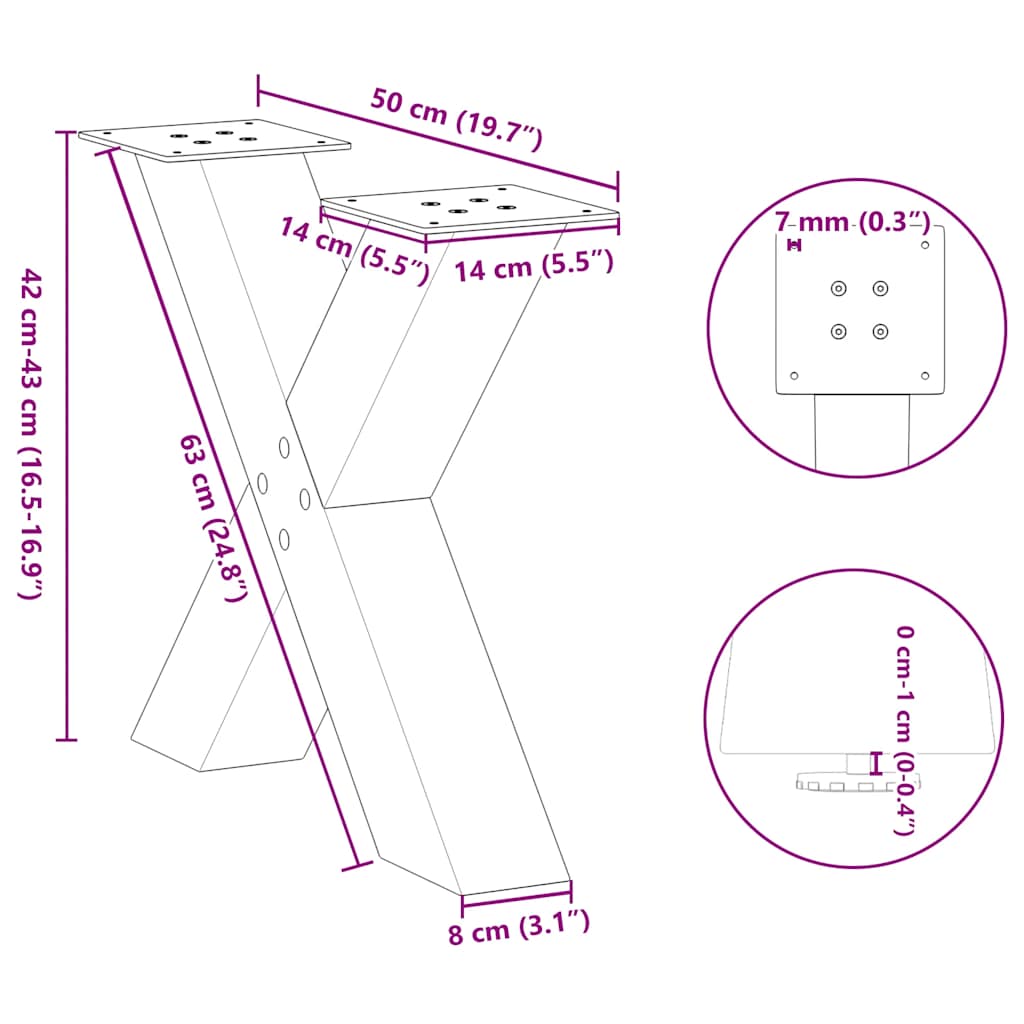 sofabordsben X-formet 2 stk. sort 50x(42-43) cm stål