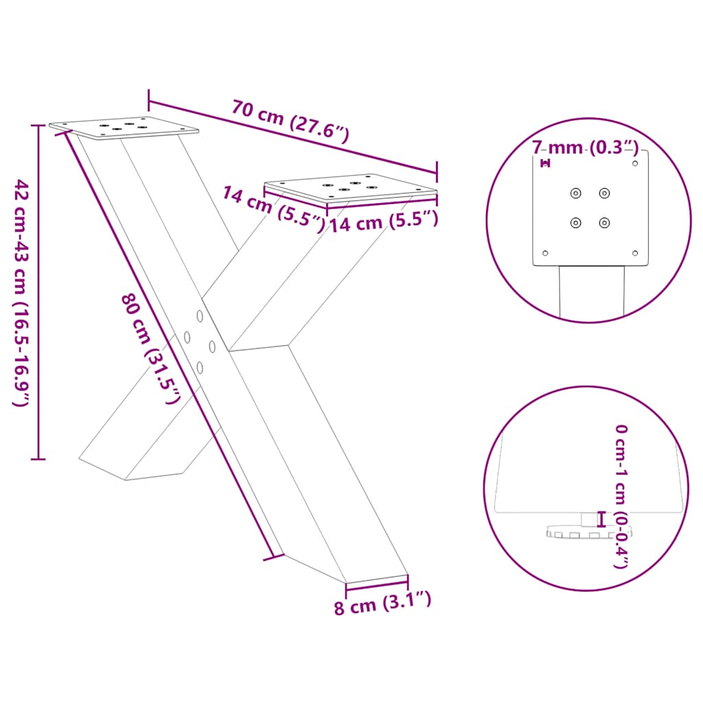 sofabordsben X-formet 2 stk. sort 70 x (42-43) cm stål