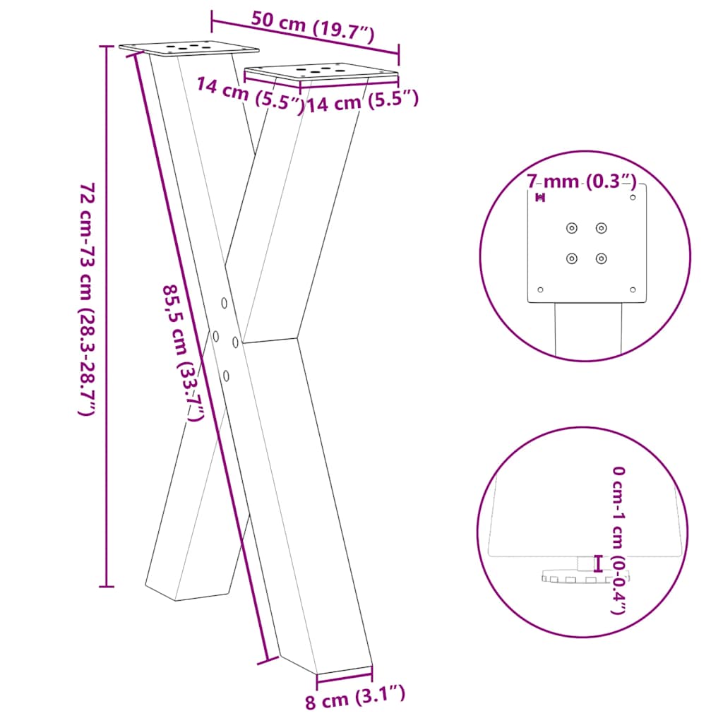spisebordsben X-formet 2 stk. sort 50x(72-73) cm stål