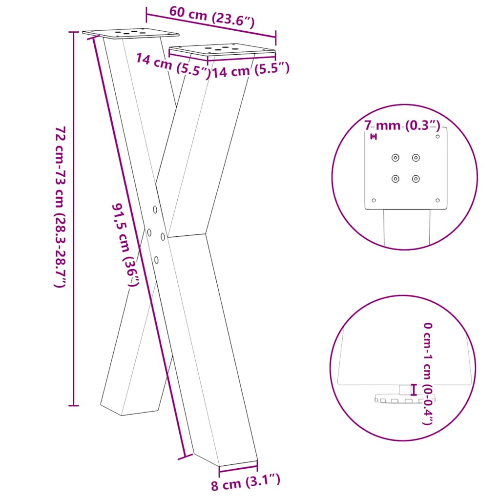 spisebordsben X-formet 2 stk. sort 60 x (72-73) cm stål