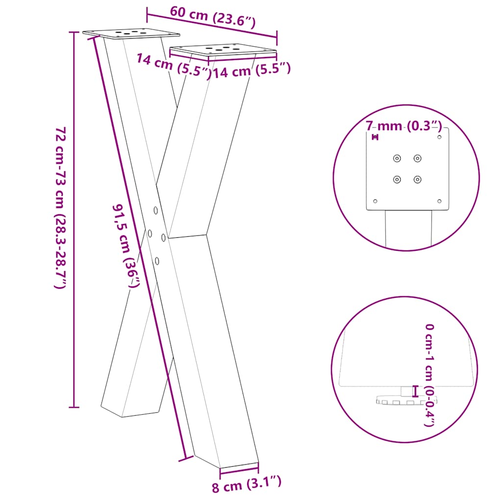 spisebordsben X-formet 2 stk. antracit 60 x (72-73) cm stål