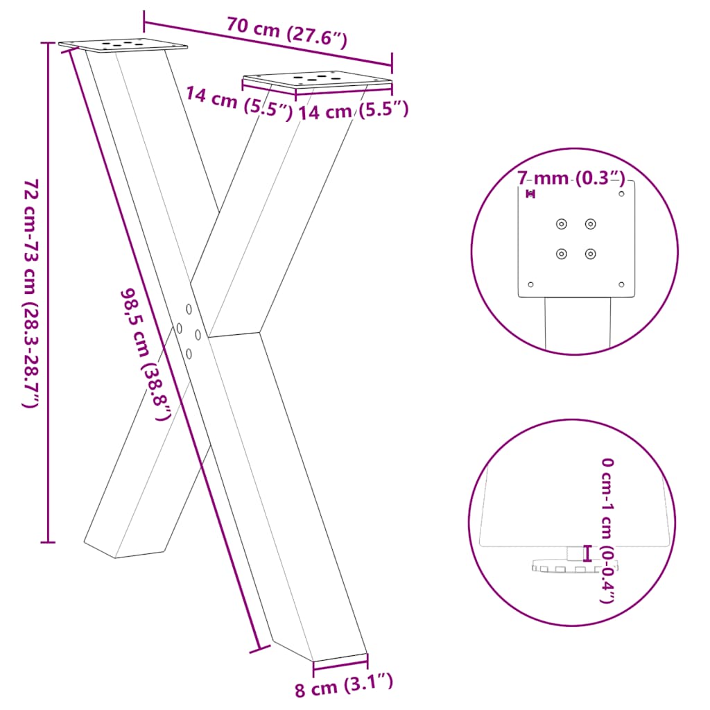 spisebordsben X-formet 3 stk. naturstål 70x(72-73) cm stål