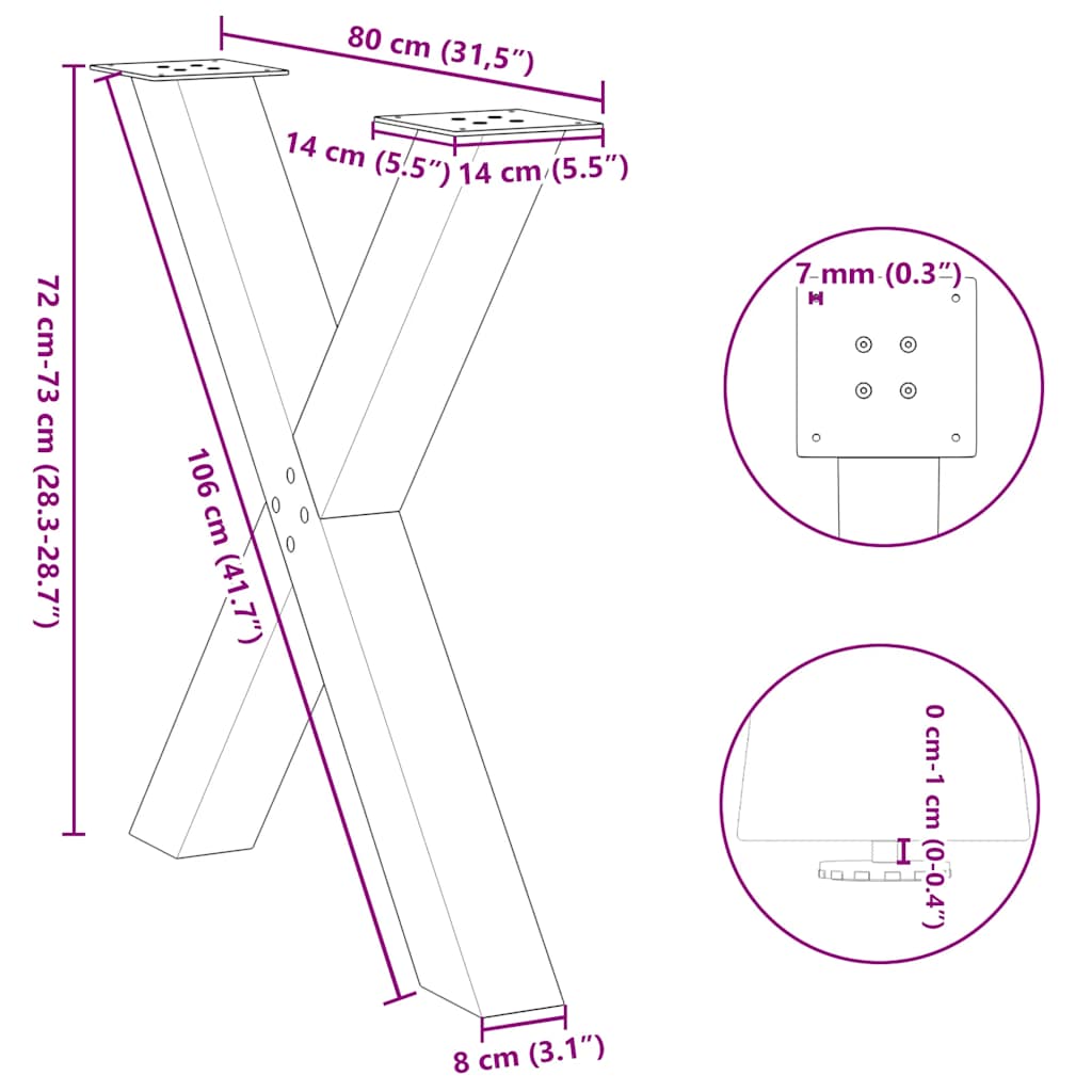 spisebordsben X-formet 3 stk. naturstål 80x(72-73) cm stål