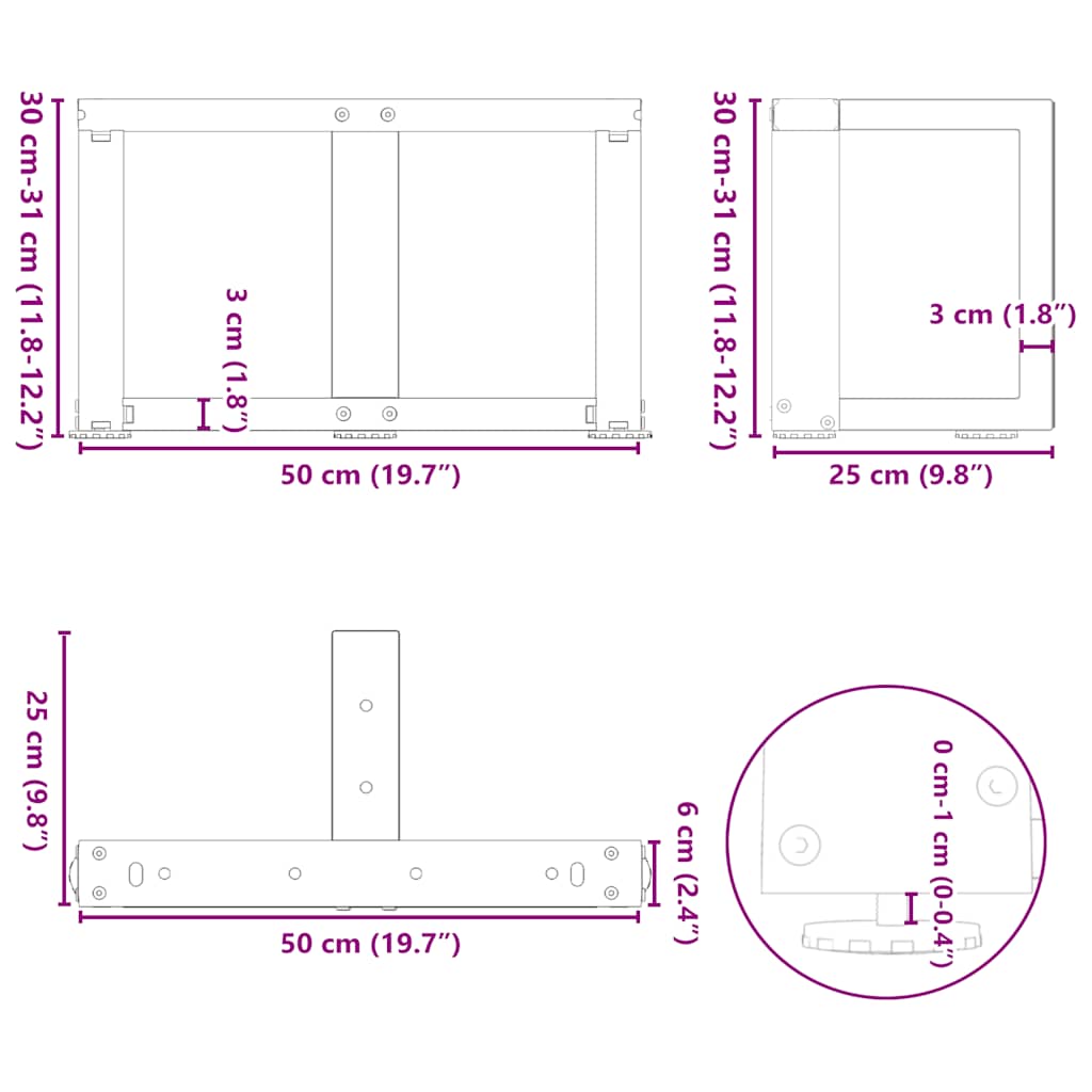 sofabordsben T-formet 2 stk. sort 50x25x(30-31) cm stål