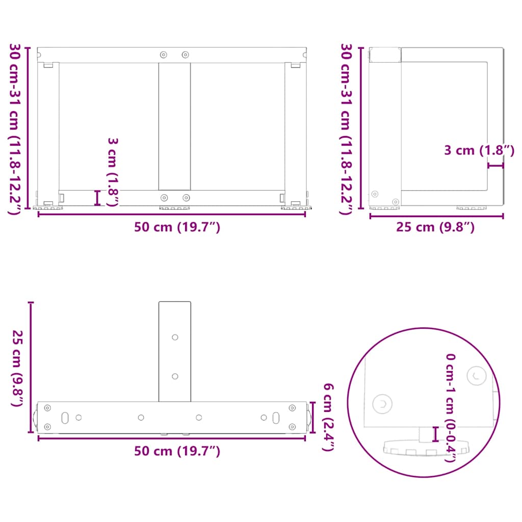 sofabordsben T-formet 2 stk. hvid 50x25x(30-31) cm stål