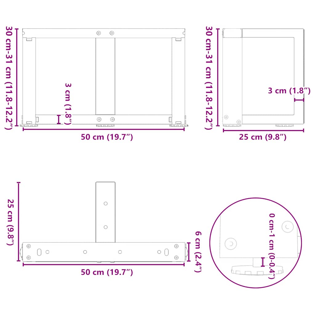sofabordsben T-formet 2 stk. sort 50x25x(30-31) cm stål