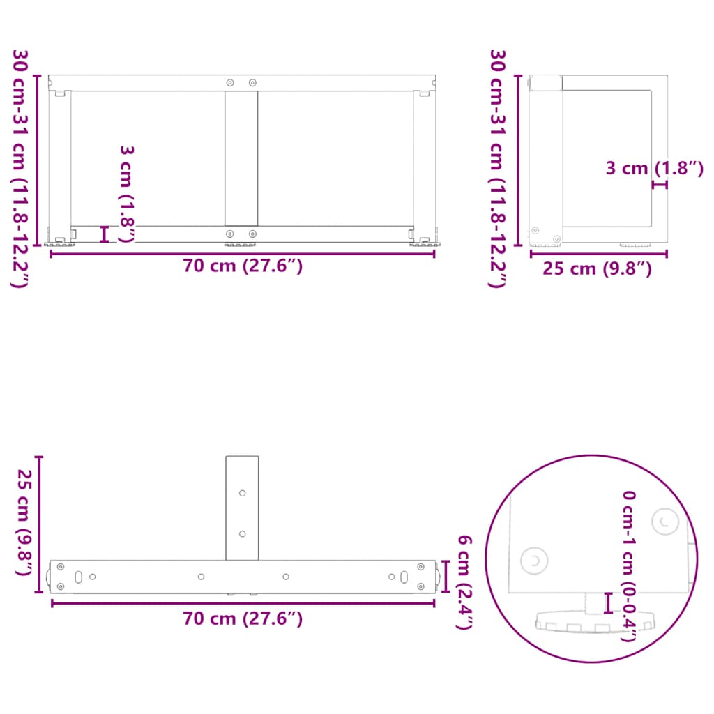 sofabordsben T-formet 2 stk. sort 70x25x(30-31) cm stål