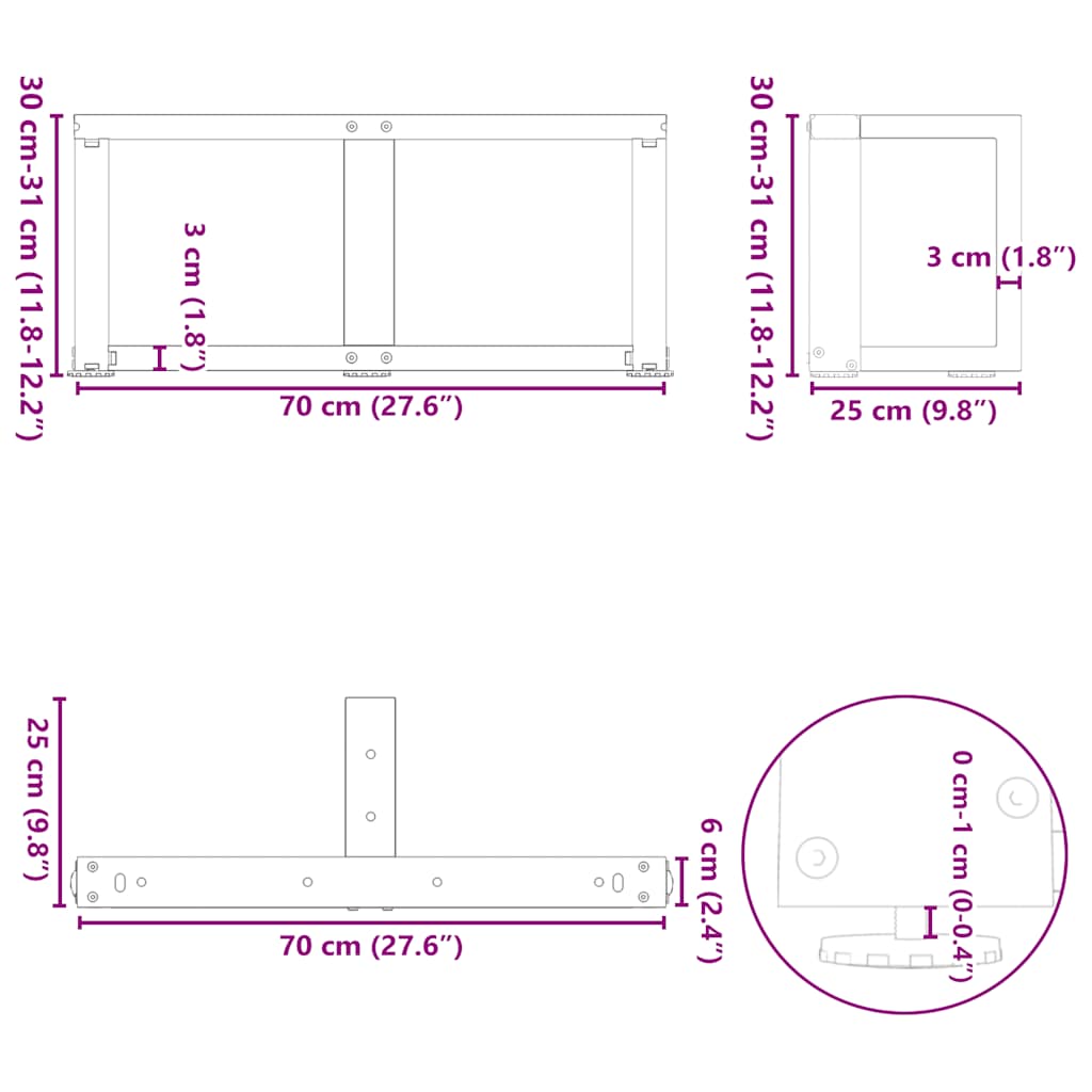 sofabordsben T-formet 2 stk. sort 70x25x(30-31) cm stål