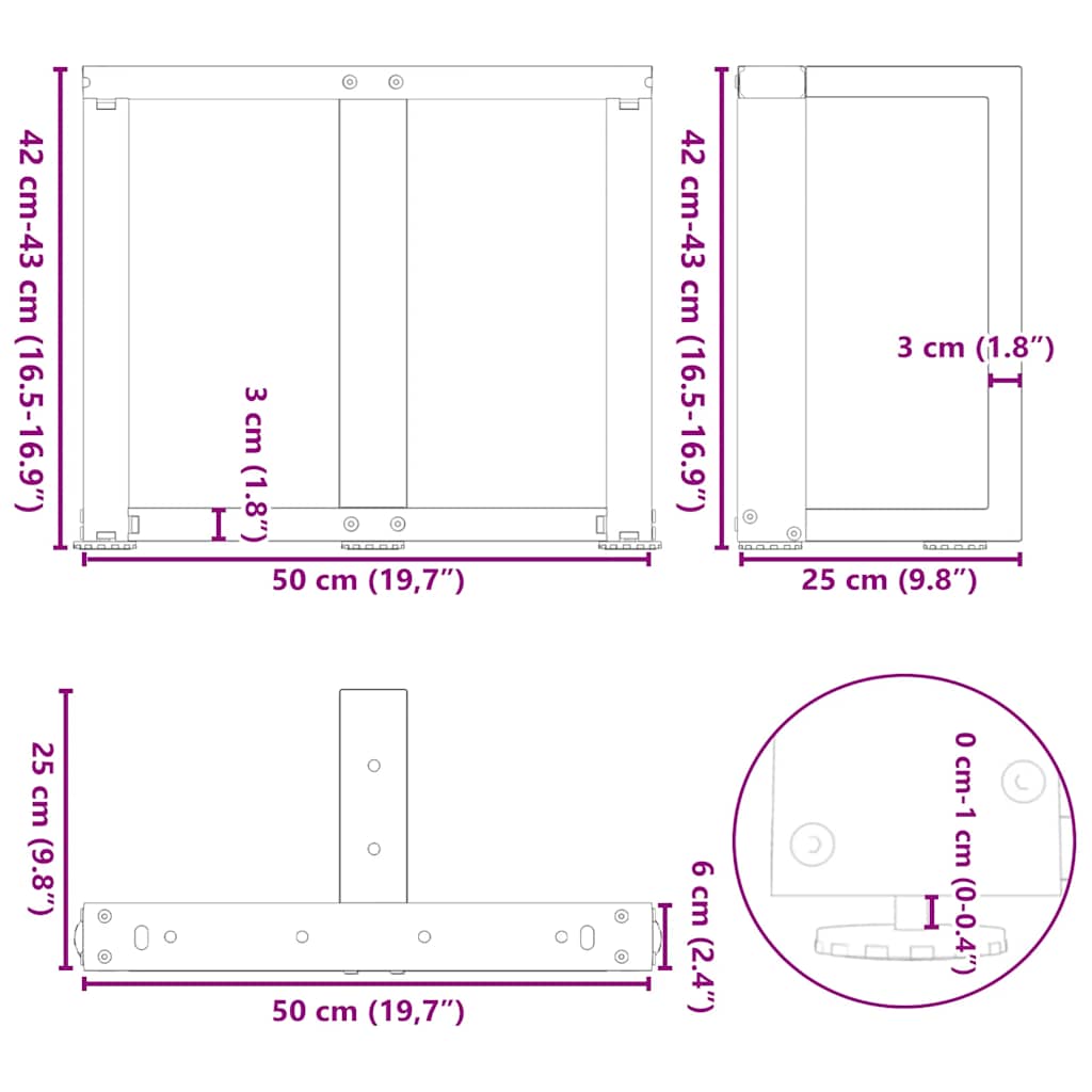 sofabordsben T-formet 2 stk. sort 50x25x(42-43) cm stål