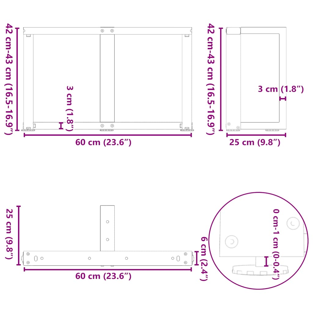sofabordsben T-formet 2 stk. antracit 60x25x(42-43) cm stål