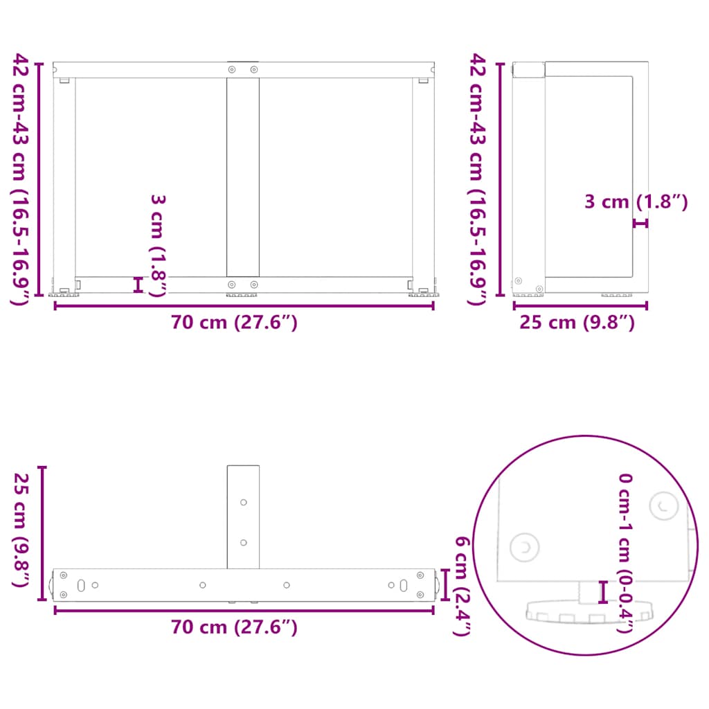sofabordsben T-formet 2 stk. sort 70x25x(42-43) cm stål