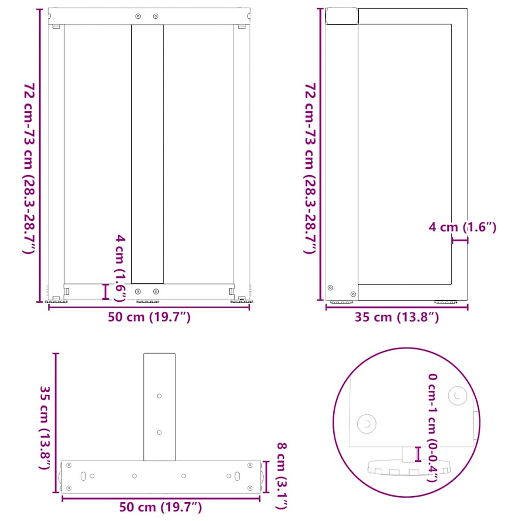 spisebordsben T-formet 2 stk. sort 50x35x(72-73) cm stål