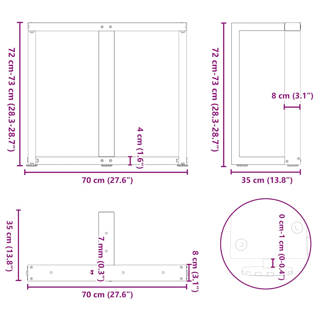 spisebordsben T-formet 2 stk. sort 70x35x(72-73) cm stål