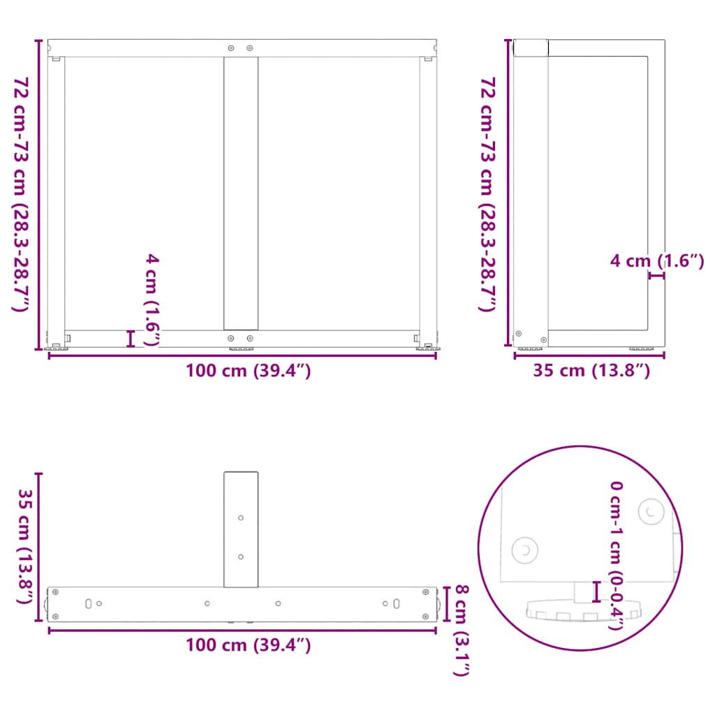 spisebordsben T-formet 2 stk. hvid 100x35x(72-73) cm stål