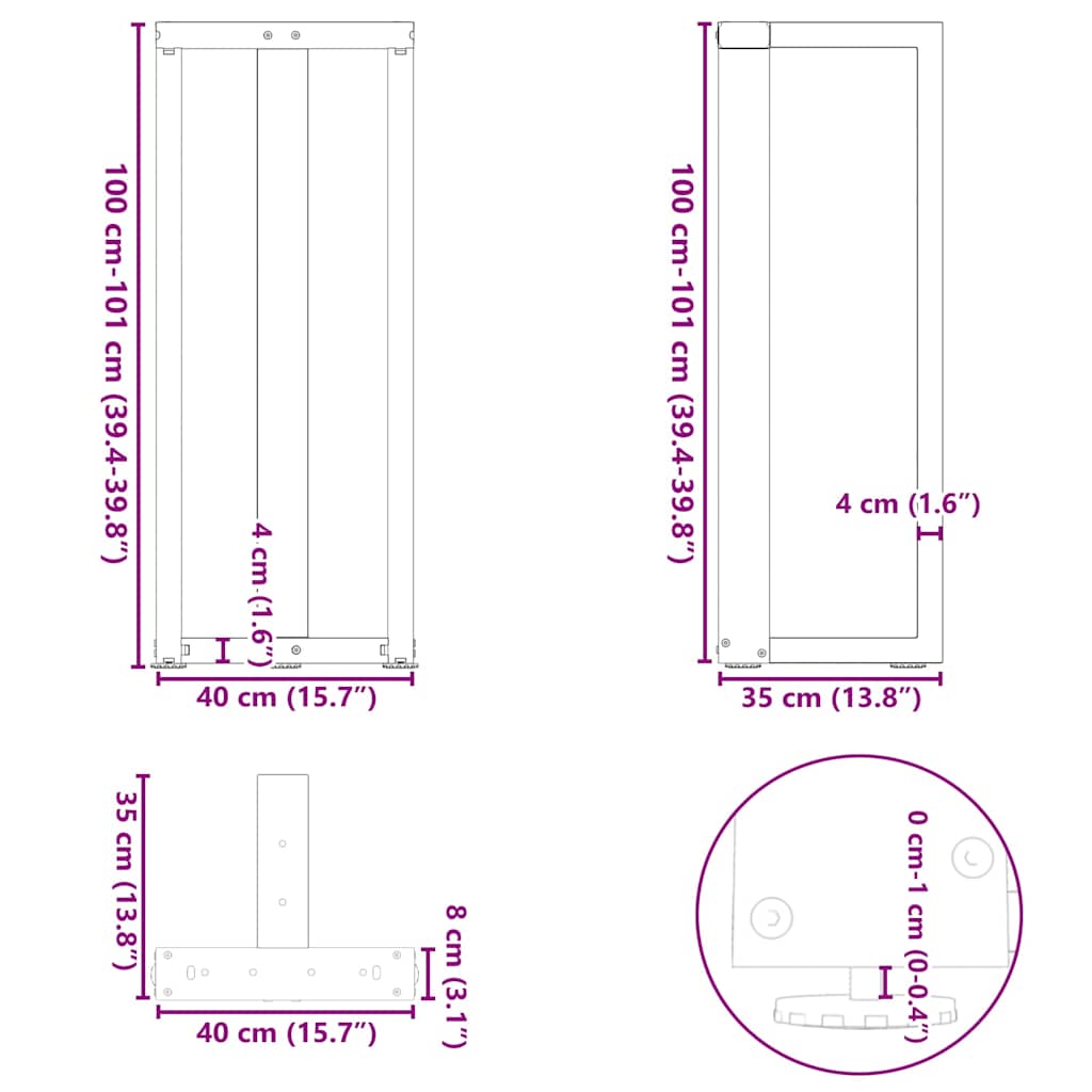 barbordsben T-formet 2 stk. hvid 40x35x(100-101) cm stål