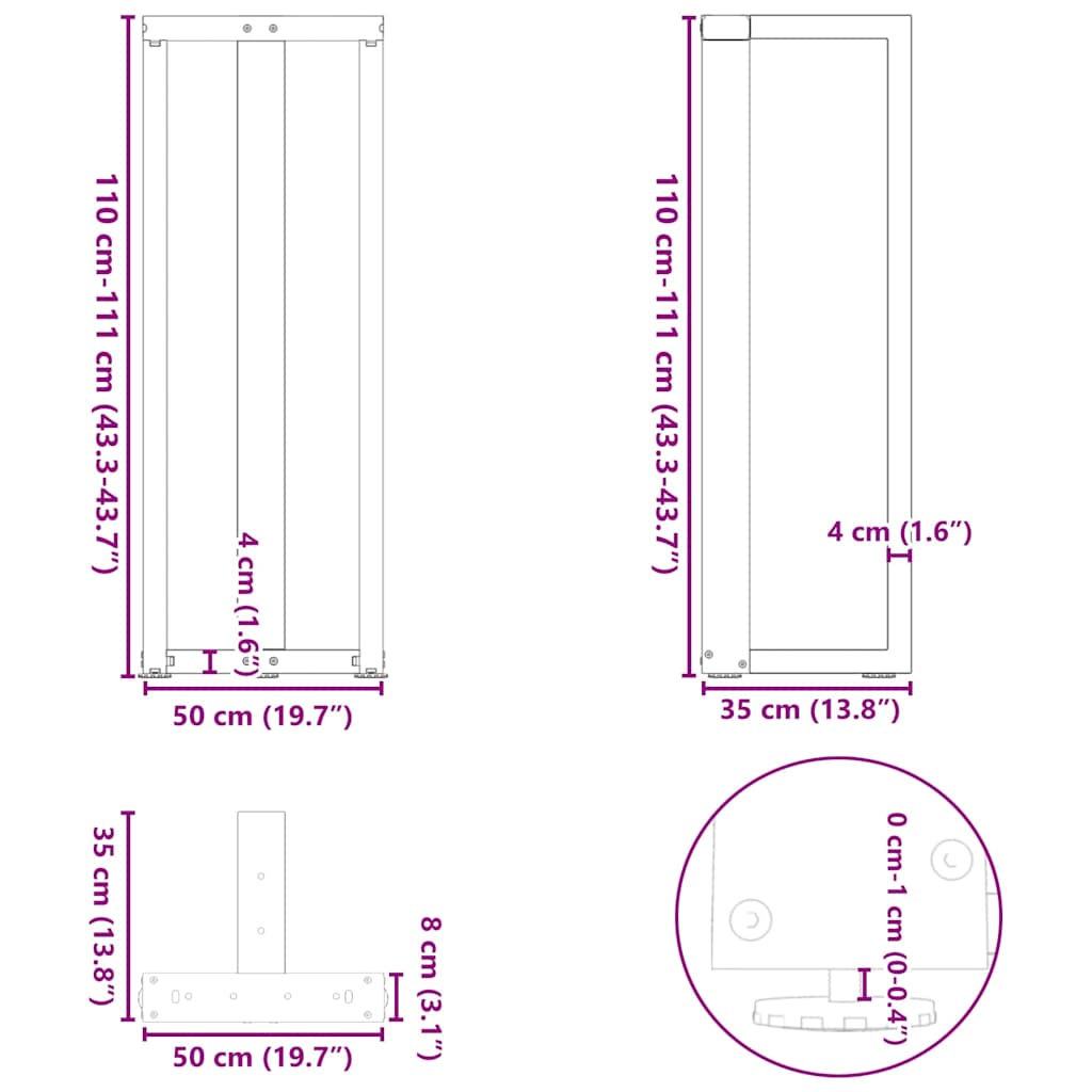 barbordsben T-formet 2 stk. hvid 50x35x(110-111) cm stål