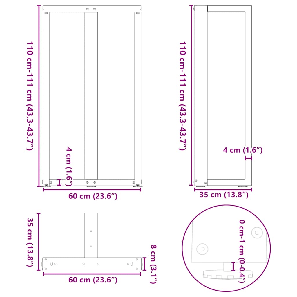 barbordsben T-formet 2 stk. hvid 60x35x(110-111) cm stål