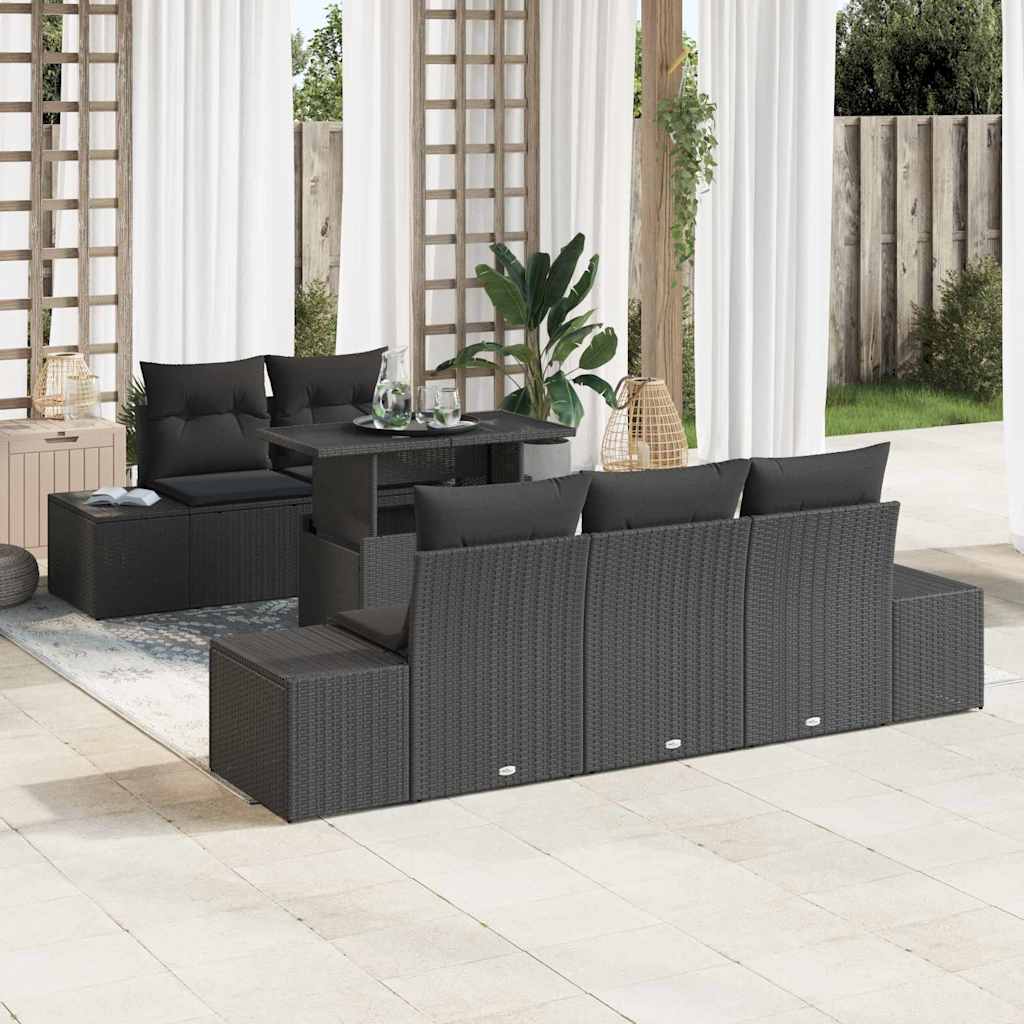 Sofa Sæt med pude 6 pcs Sort polyrattan