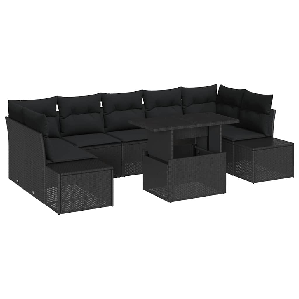 Sofa Sæt med pude 8 pcs Sort polyrattan