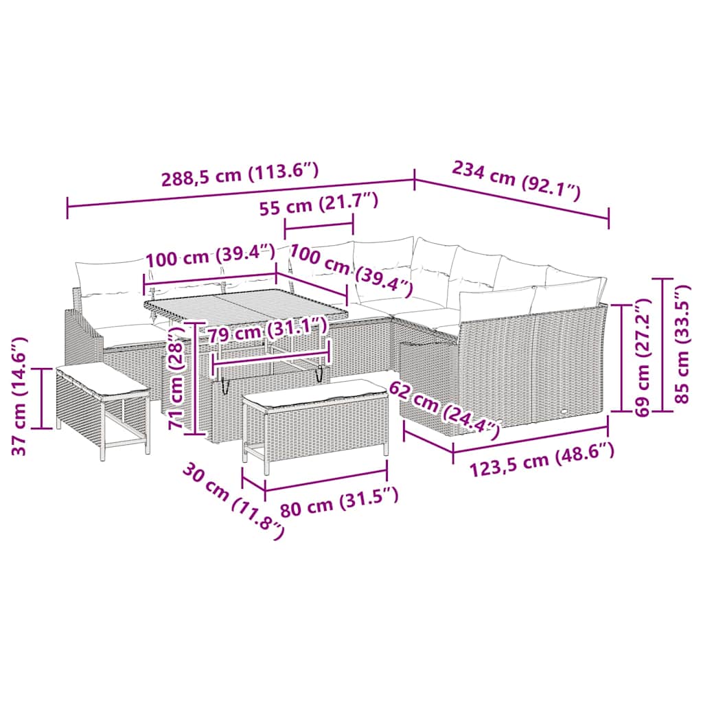 Havesofa Sæt med pude med pude 12 pcs Grå 100 x 100 x 71 cm