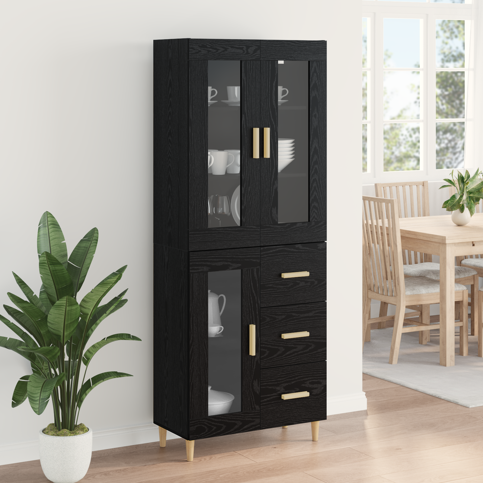 Highboard med skuffe Sort eg 69,5 x 34 x 180 cm Konstrueret træ