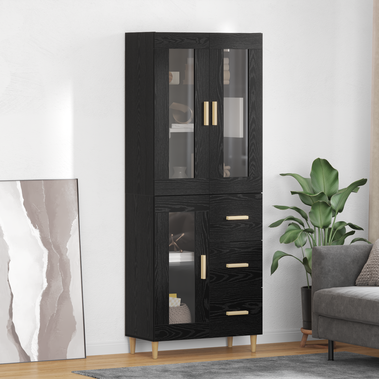 Highboard med skuffe Sort eg 69,5 x 34 x 180 cm Konstrueret træ