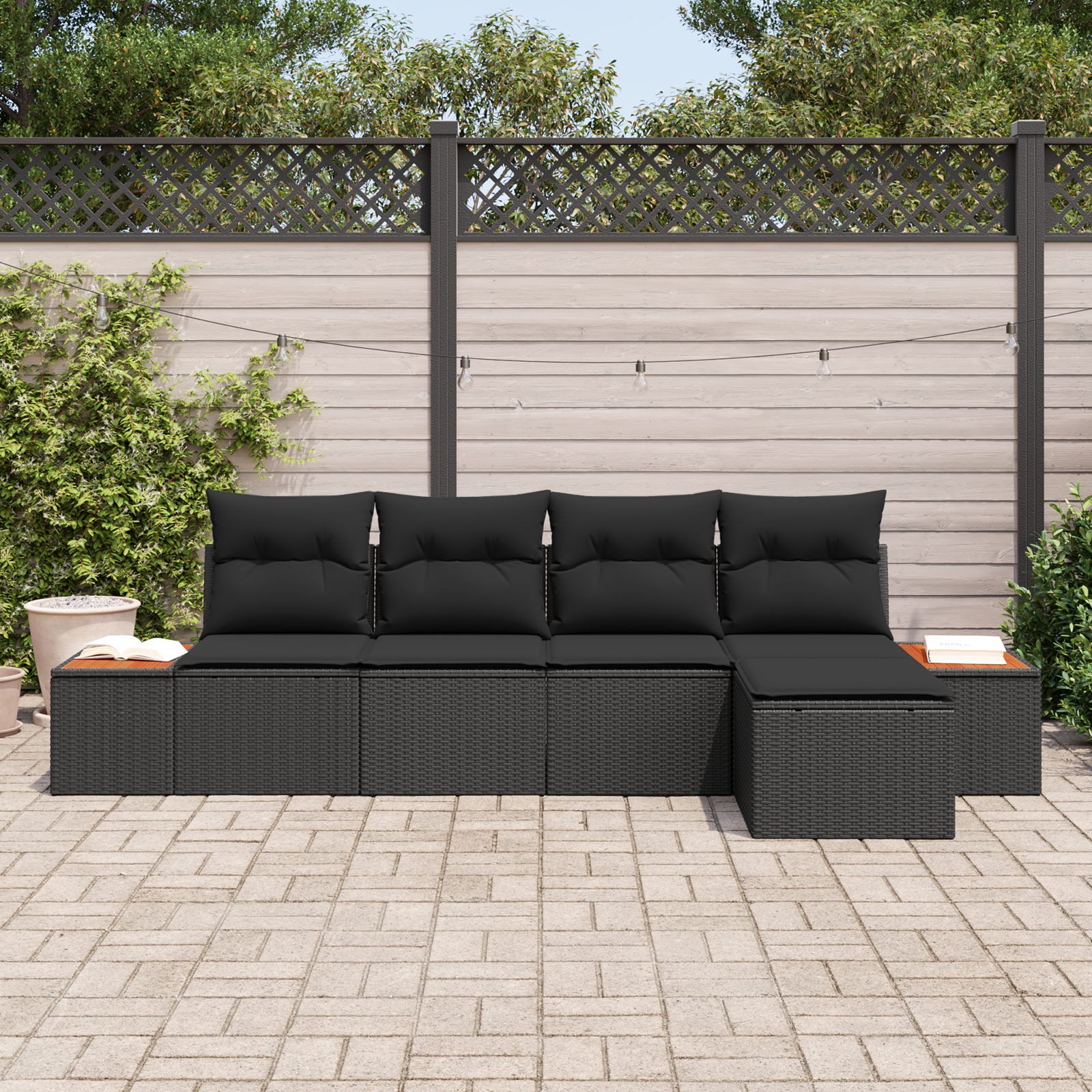 Havesofa Sæt med pude med opbevaring 6 pcs Sort Polyrattan