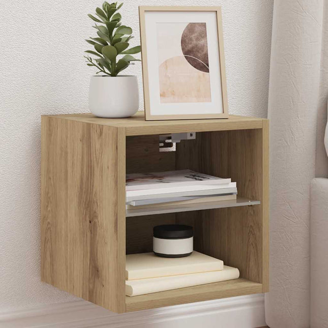væghængt tv-bord med LED-lys 30x28,5x30 cm artisan egetræsfarve