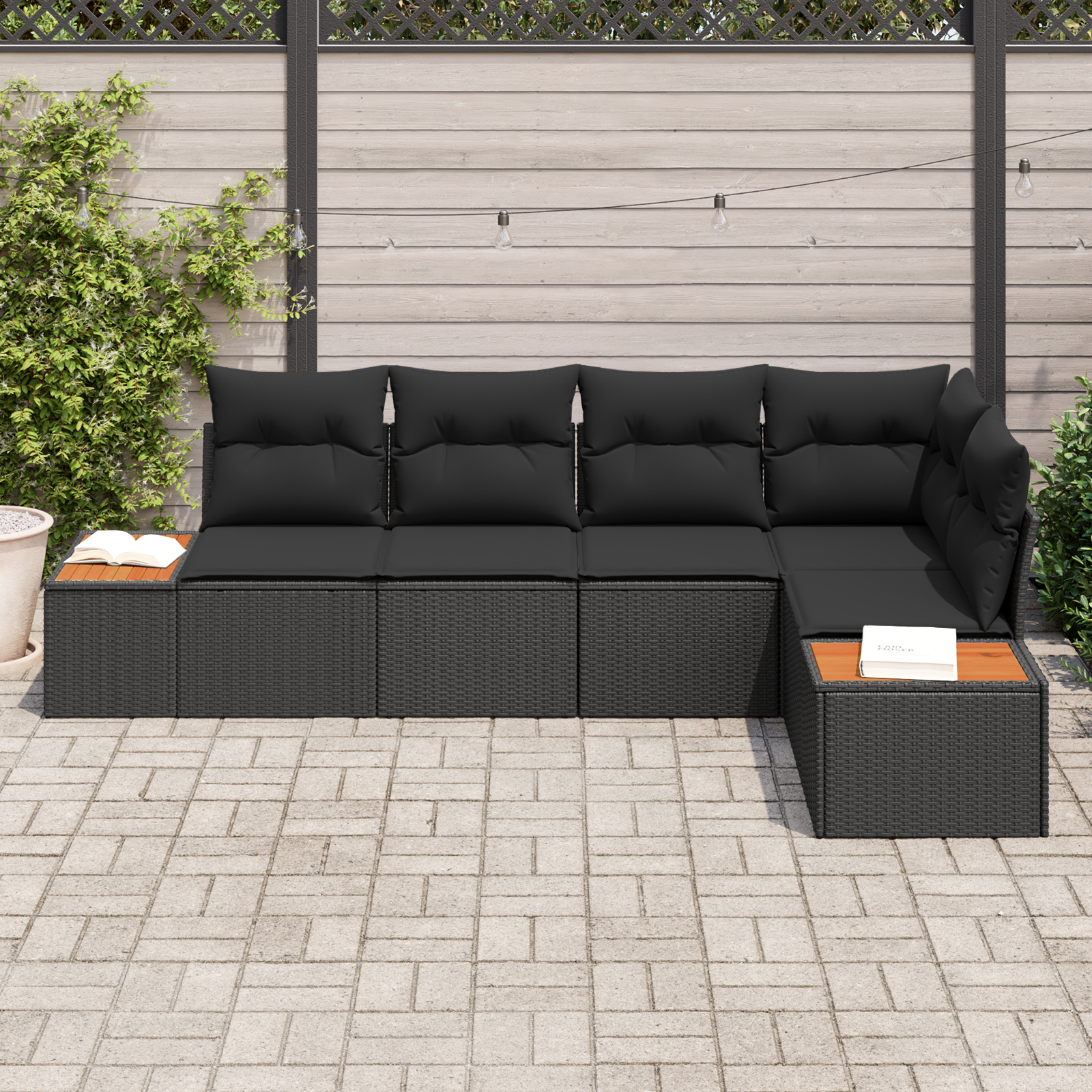 Havesofa Sæt med pude med opbevaring 5 pcs Sort Poly rattan
