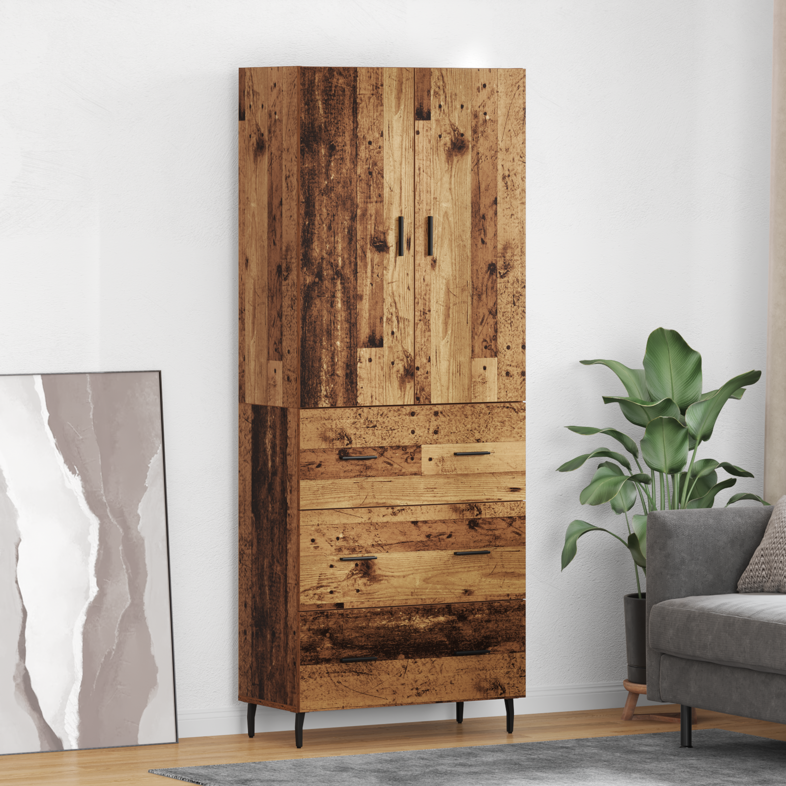 Highboard med skuffe 2 pcs Gammelt træ Ingeniørtræ og glas