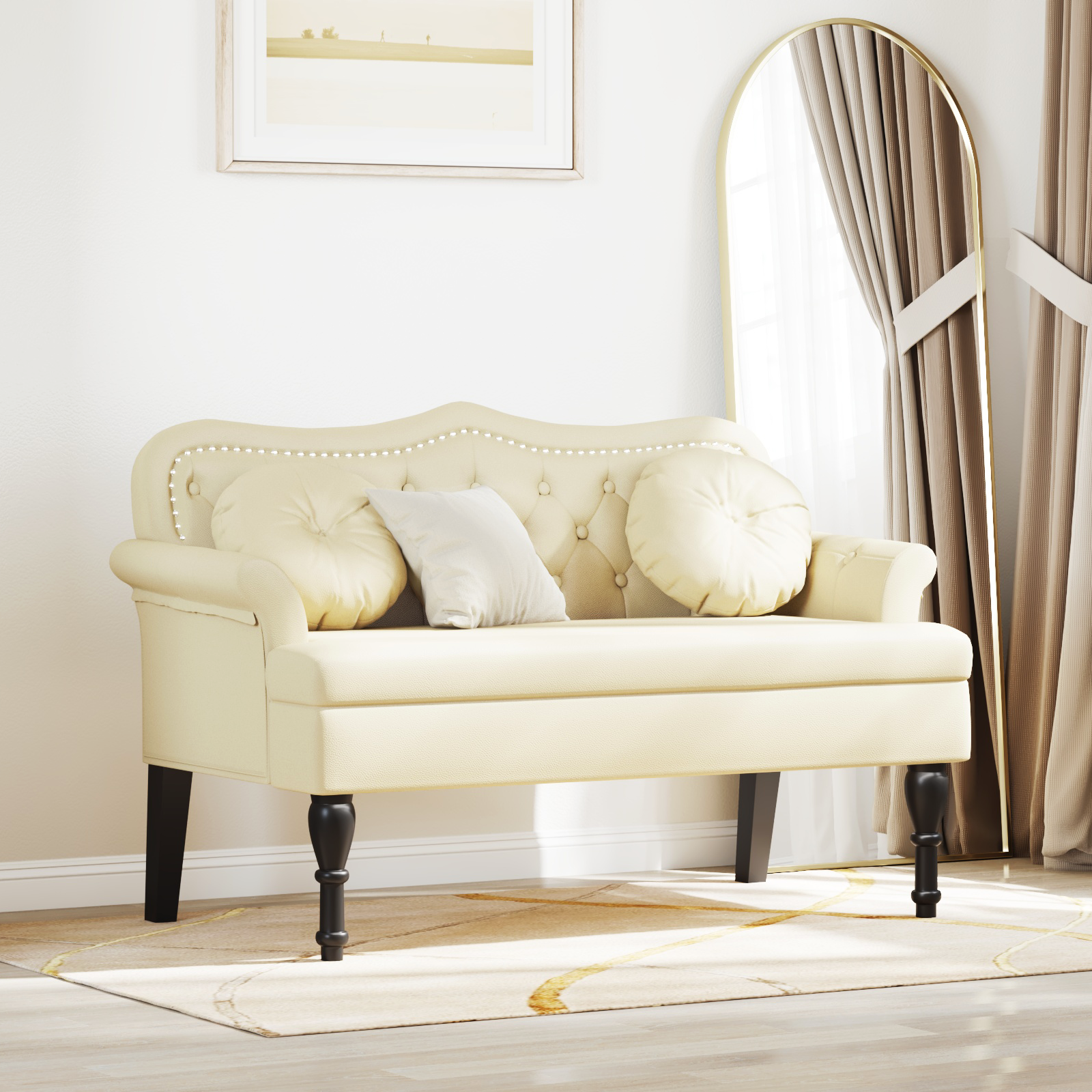 Chesterfield bænk med pude Creme 120.5 x 65 x 75 cm Faux læder
