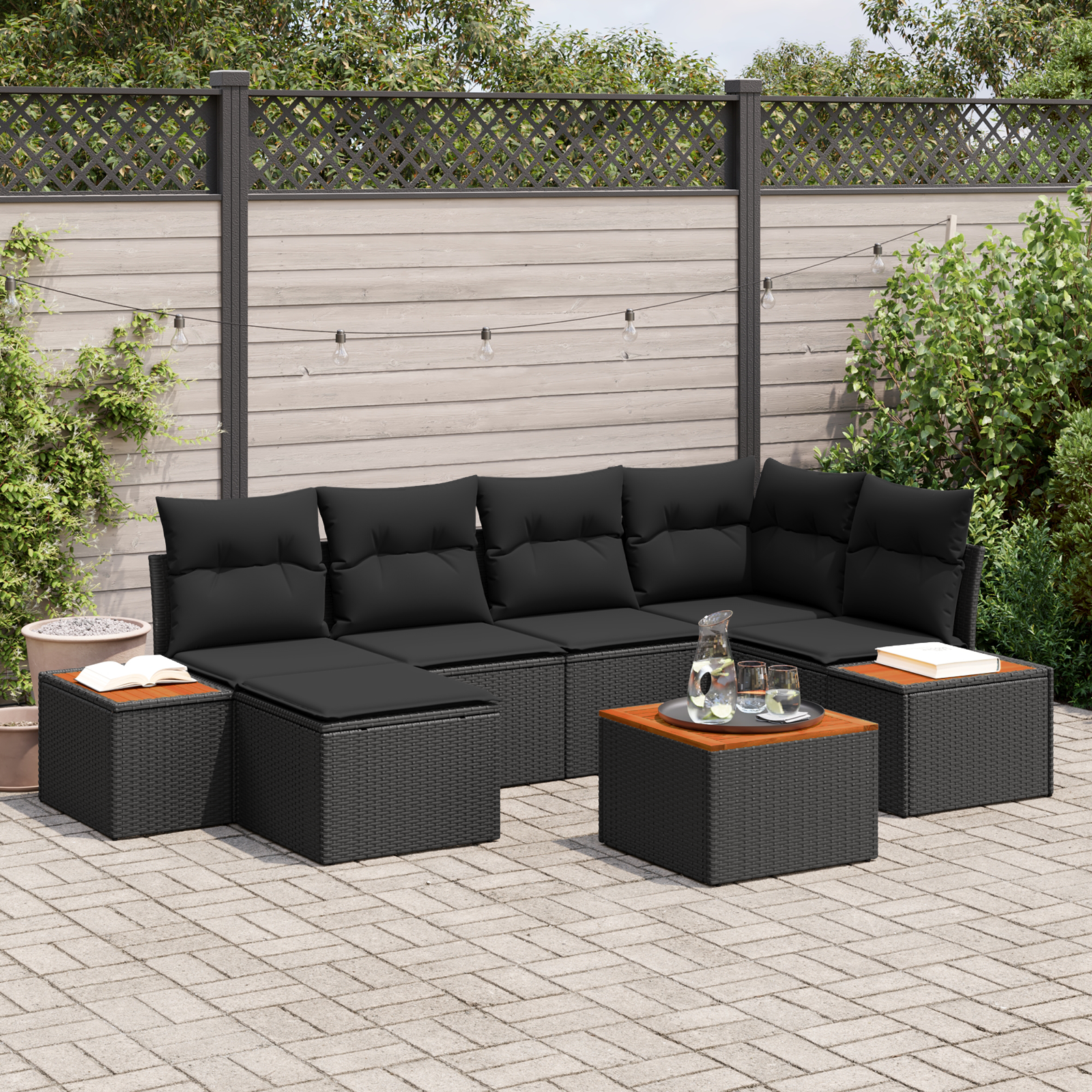 Havesofa Sæt med pude med opbevaring 7 pcs Sort Polyrattan