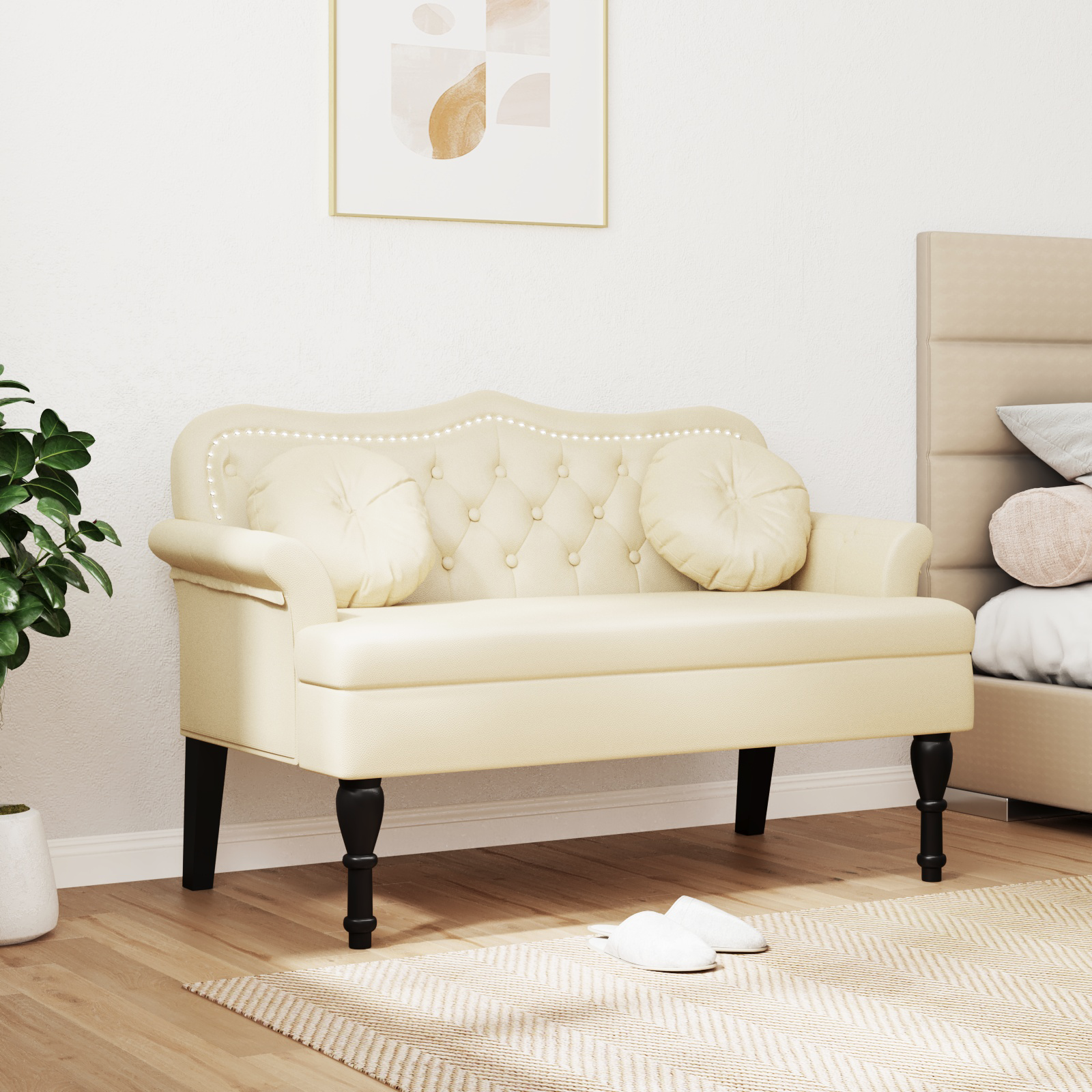 Chesterfield bænk med pude Creme 120.5 x 65 x 75 cm Faux læder